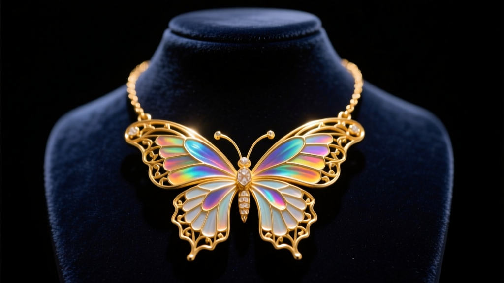 Gold cloisonne vitreous enamel butterfly wing necklace on a dark velvet bust, illuminated by warm directional gallery lighting.