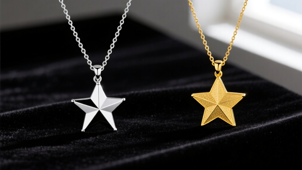 Side-by-side view of a 14k white gold star necklace and yellow gold star necklace on dark velvet to show alloy color differences