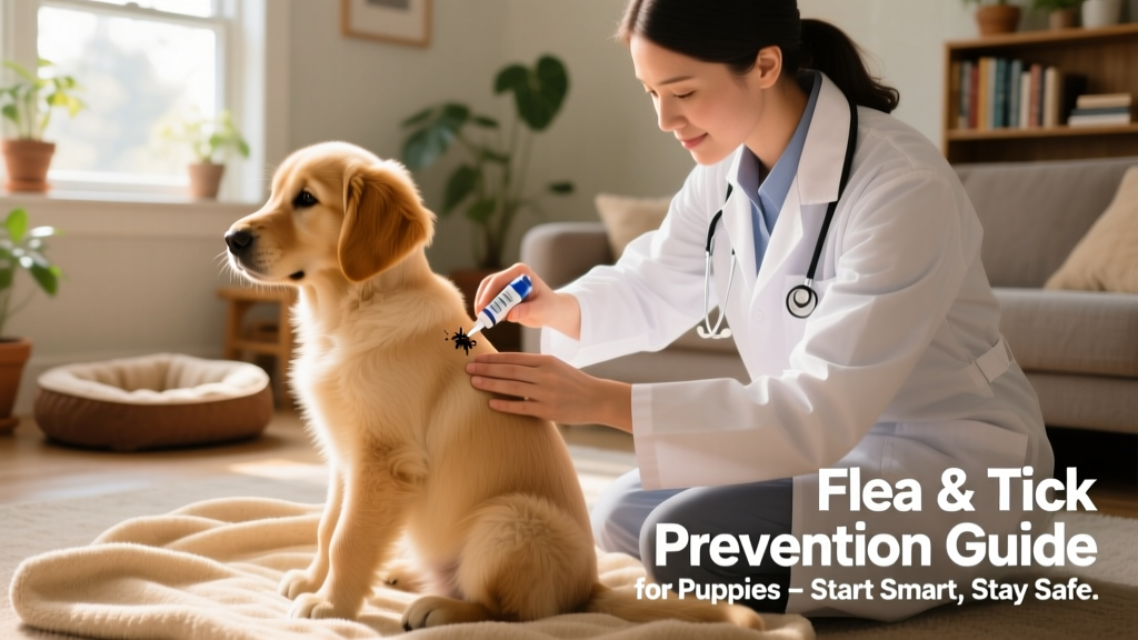 Veterinarian gently applying a topical flea treatment to a calm, seated puppy's back