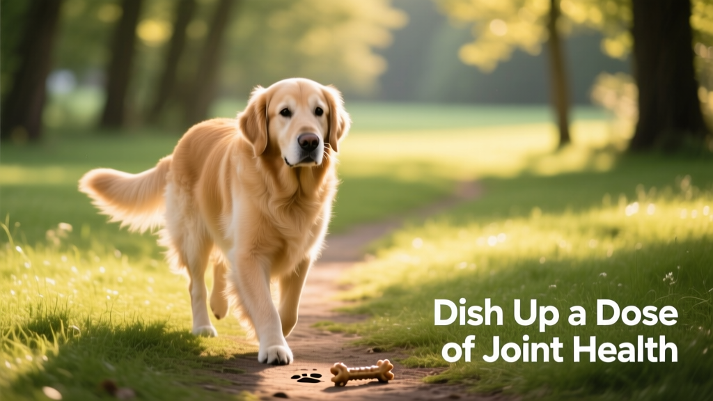 Senior golden retriever walking comfortably on a grassy path, showing ease of movement
