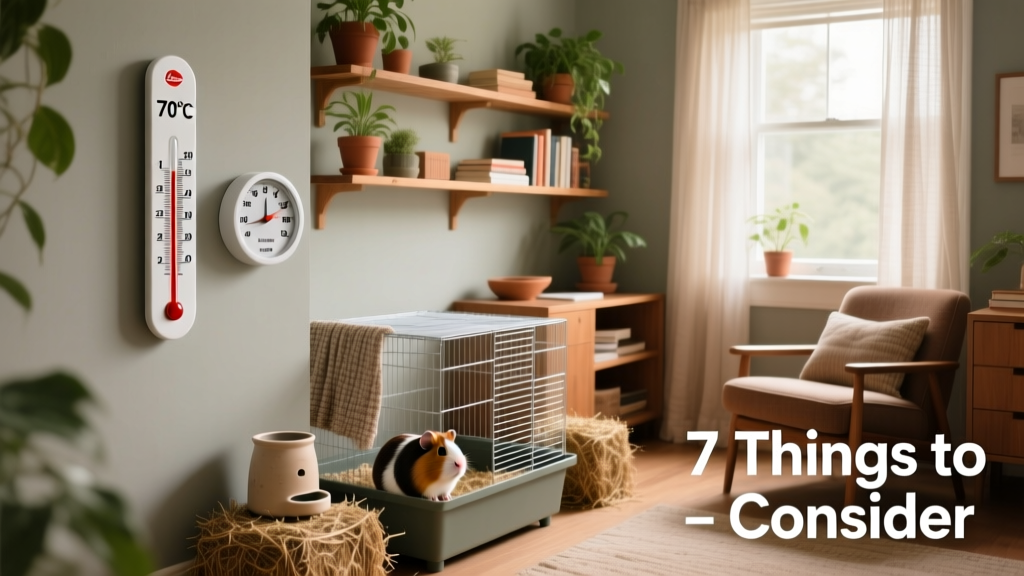 Thermometer and hygrometer displayed beside a guinea pig cage in a cozy, climate-controlled home office