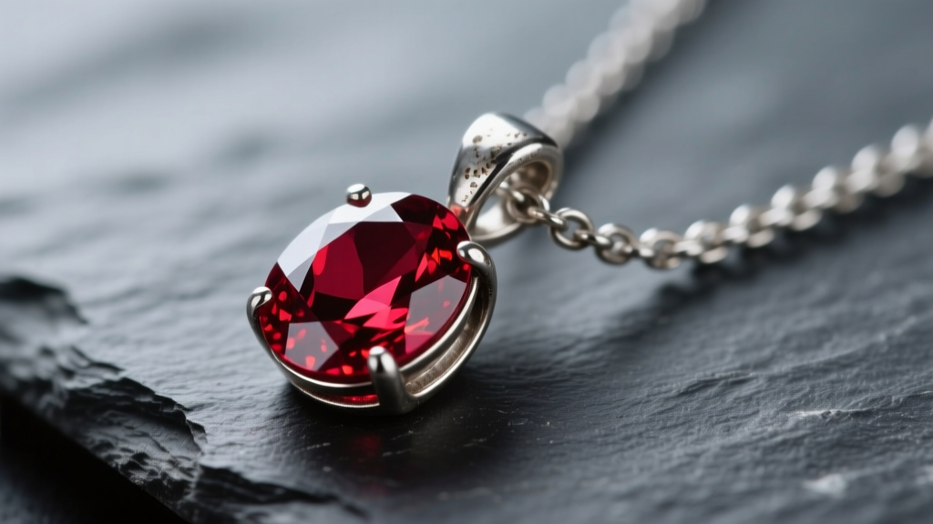 Close-up of a tarnished 925 sterling silver chain holding a deep red oval-cut ruby pendant on dark slate with soft lighting