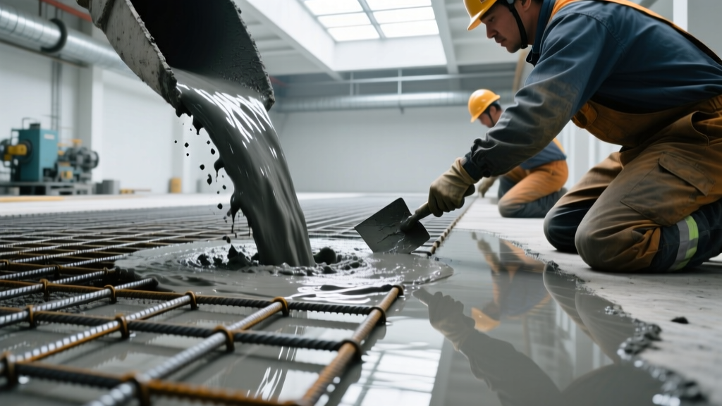 Close-up of polymer modified concrete being poured over steel rebar on an industrial floor with workers smoothing the surface