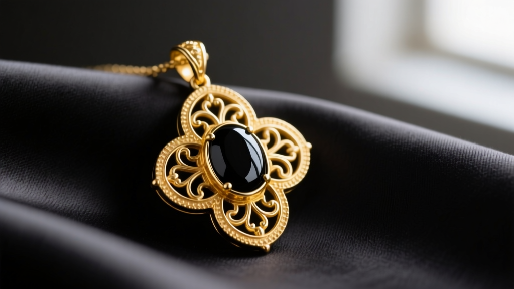 Close-up of an 18k yellow gold Vintage Alhambra pendant featuring deep black onyx resting elegantly on dark silk fabric.