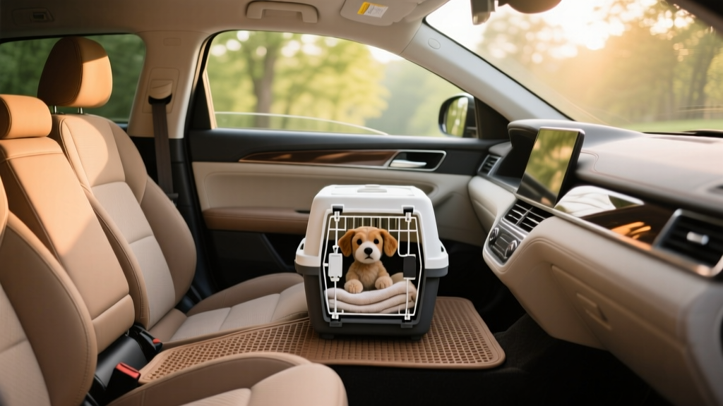 A clean car interior with rubber floor mats, seat covers, and a dog crate in the back