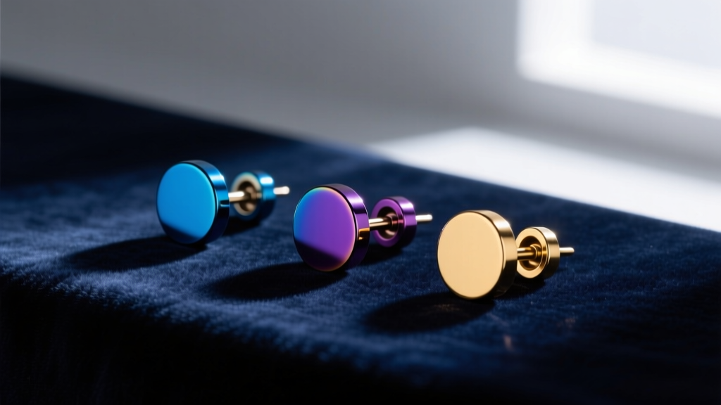 Anodized titanium threadless earring ends in blue, purple, and gold, resting on a dark velvet jeweler