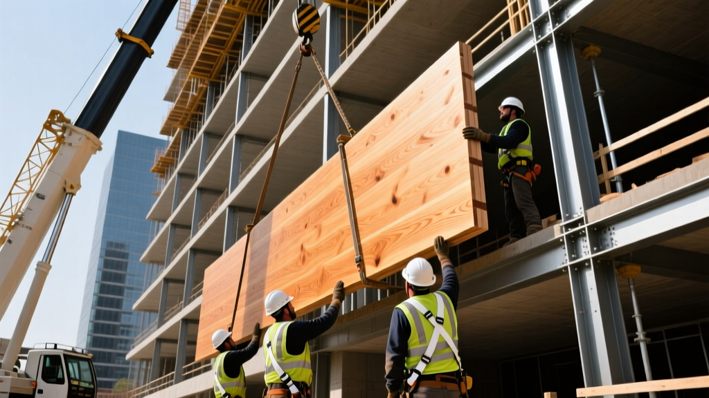Construction crew using a crane to lift a massive cross-laminated timber panel into place on a multi-story commercial building frame