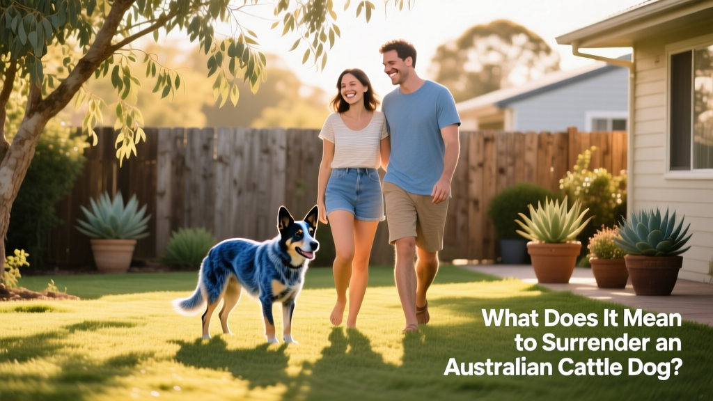 Two people smiling as they meet an Australian Cattle Dog in a sunny backyard, symbolizing a joyful, intentional rehoming transition