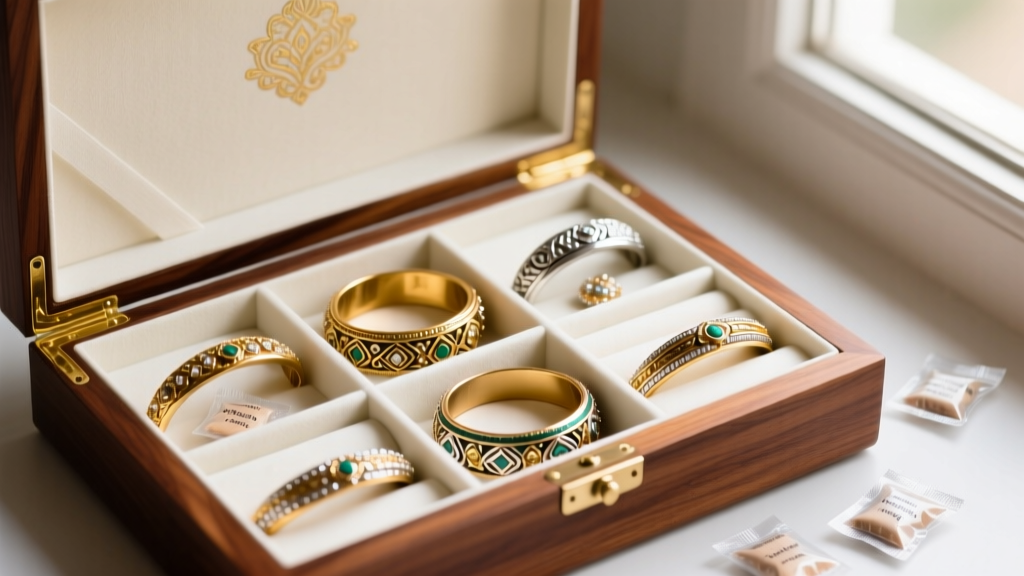 Cedarwood jewelry box lined with acid-free tissue, containing separated Indian bridal bangles and anti-tarnish silica gel packets
