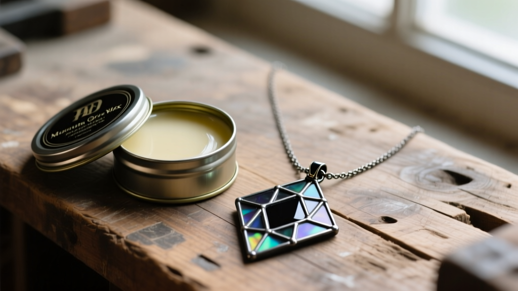 Open tin of museum wax polish beside a polished black patina soldered stained glass pendant necklace on a rustic wooden workbench.