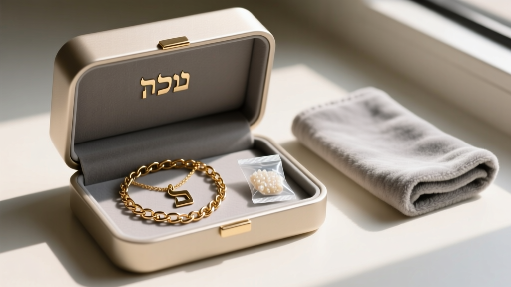 Anti-tarnish box holding a Hebrew letter chain necklace coiled beside a silica packet and a soft microfiber jewelry cloth.