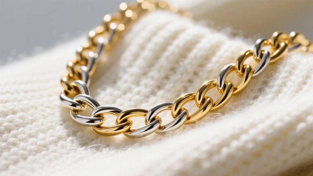 Macro shot of gold vermeil chain links showing thick gold over silver, resting on a textured white cashmere winter sweater.