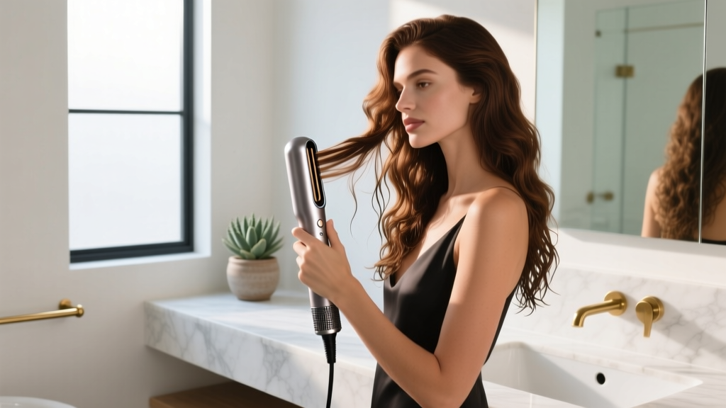 Woman using the Dyson Airstrait wet-to-dry hair straightener on damp hair in a brightly lit minimalist bathroom with marble countertops