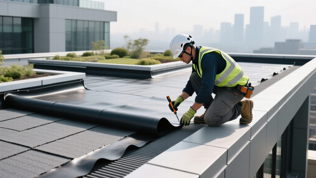 Rooftop garden showing exposed EPDM membrane and drainage mat layers being inspected and repaired by a professional in work gear