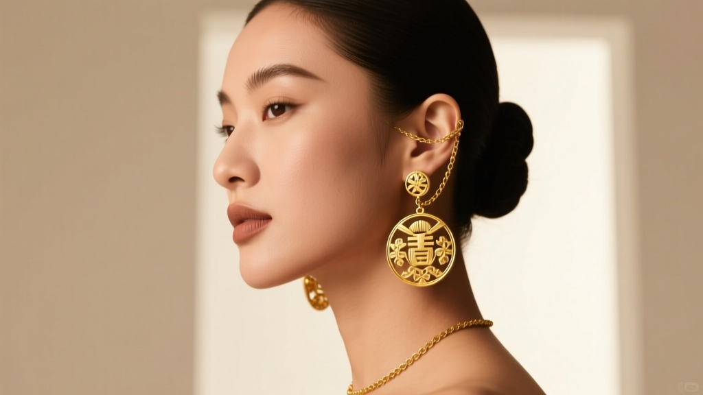 Woman wearing heavy gold-plated Koppu earrings supported by a delicate gold chain wrapped around ear cartilage for weight relief.
