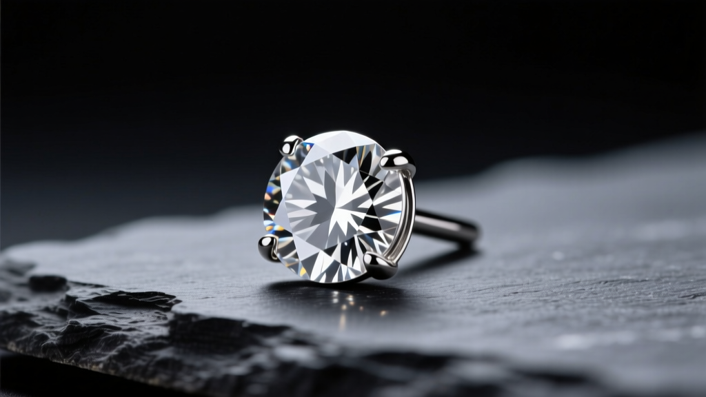Macro shot of a round brilliant diamond stud in a platinum setting, resting on dark slate under soft studio lighting.