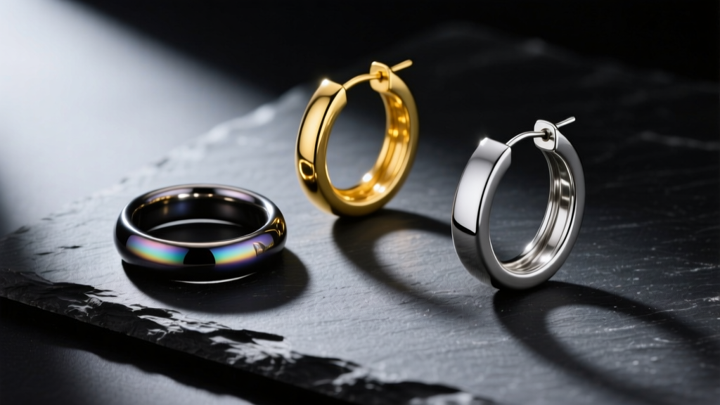 Flat lay of raw niobium, 14k yellow gold, and surgical steel earring hoops on dark slate with dramatic directional lighting.