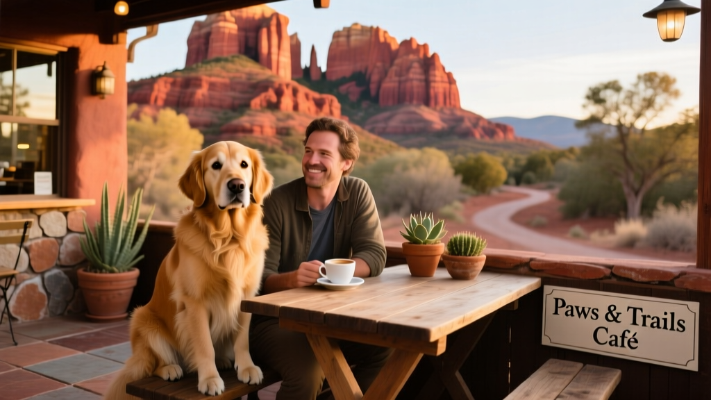 A golden retriever sitting beside its owner at an outdoor café table in Sedona, with red rock cliffs rising behind them
