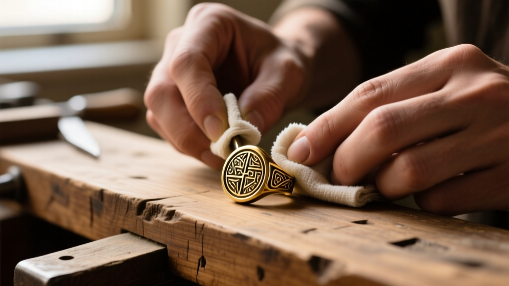 Hands using a microfiber cloth to polish a tarnished handmade brass signet ring on a wooden workbench surface with warm lighting.