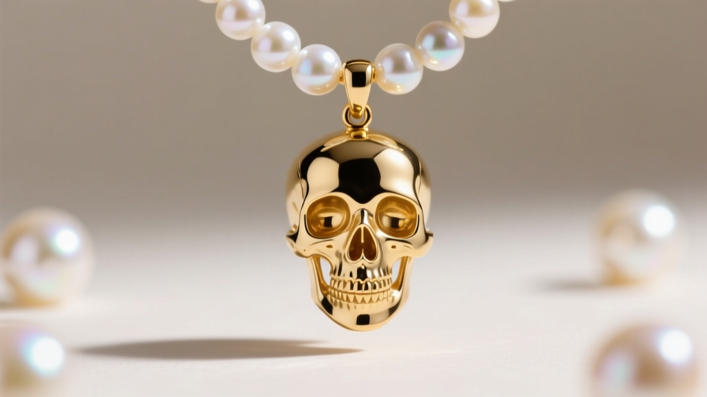 Macro shot of a 14k gold skull pendant on an Akoya pearl strand, highlighting detailed eye sockets and bright pearl luster.