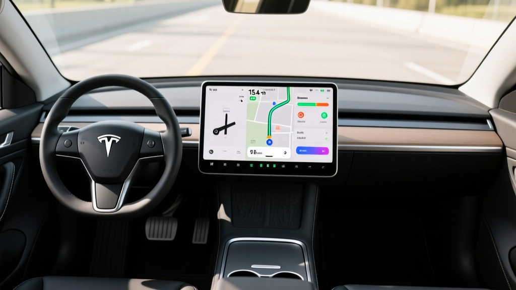 Interior dashboard view of the Tesla Model Y showing the 15.4-inch touchscreen with navigation and climate controls displayed