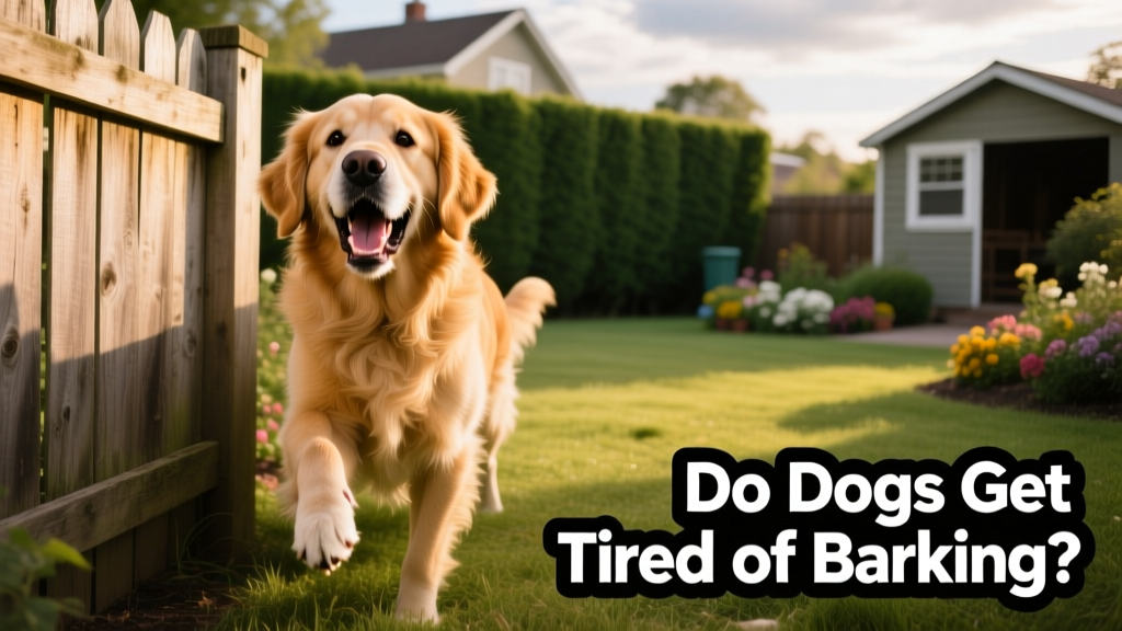 A golden retriever mid-bark with alert expression, standing near a backyard fence