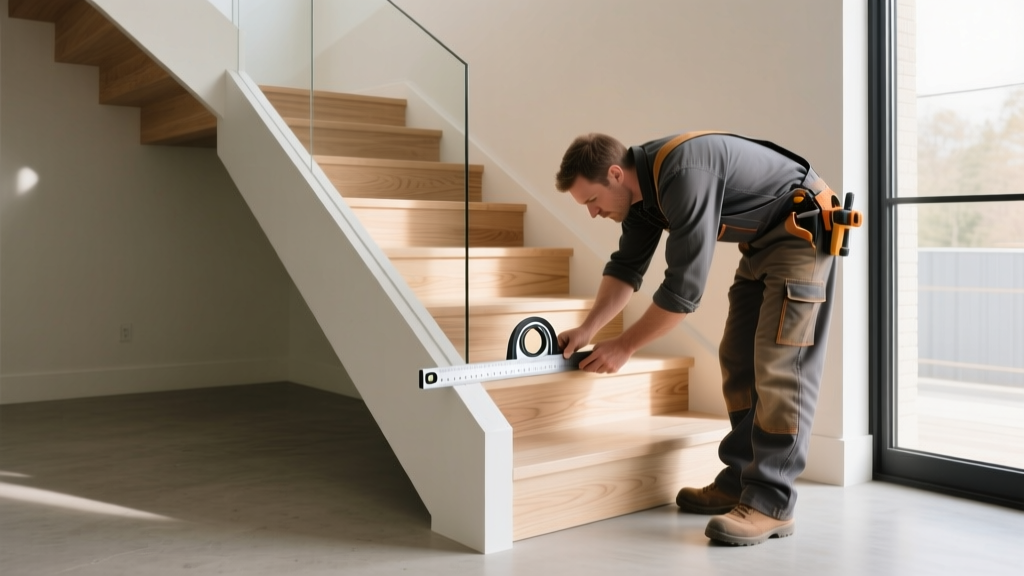 Carpenter measuring a white oak stair tread with a digital angle finder while installing a modern floating L-shaped staircase