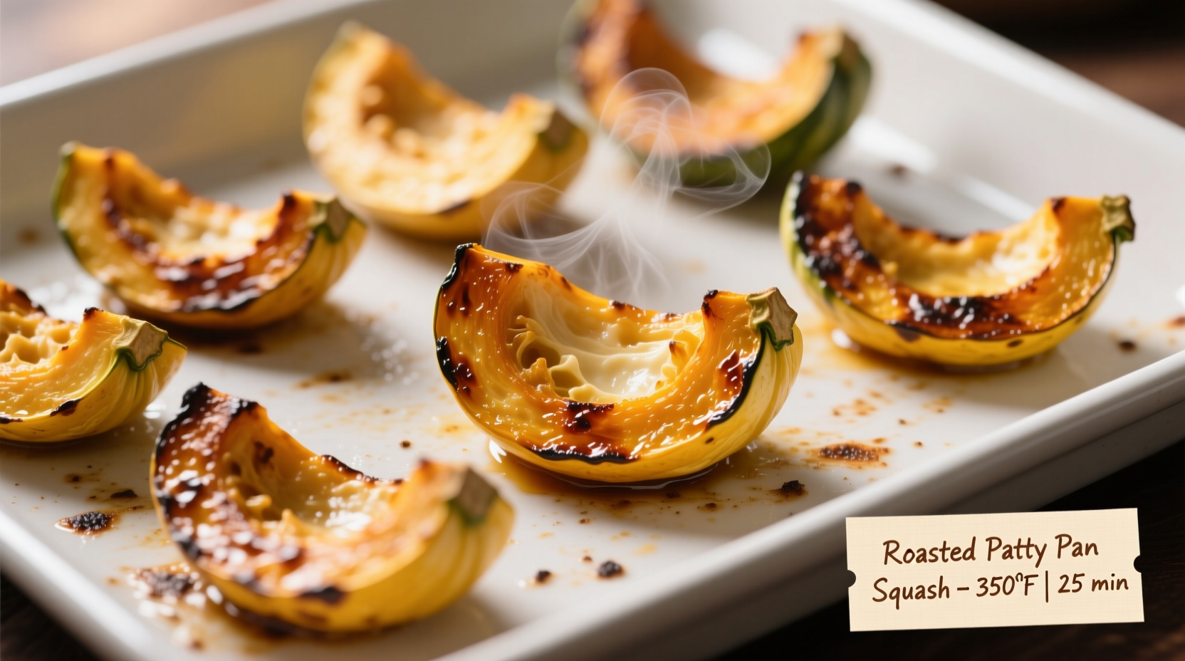 Golden roasted patty pan squash wedges on baking sheet