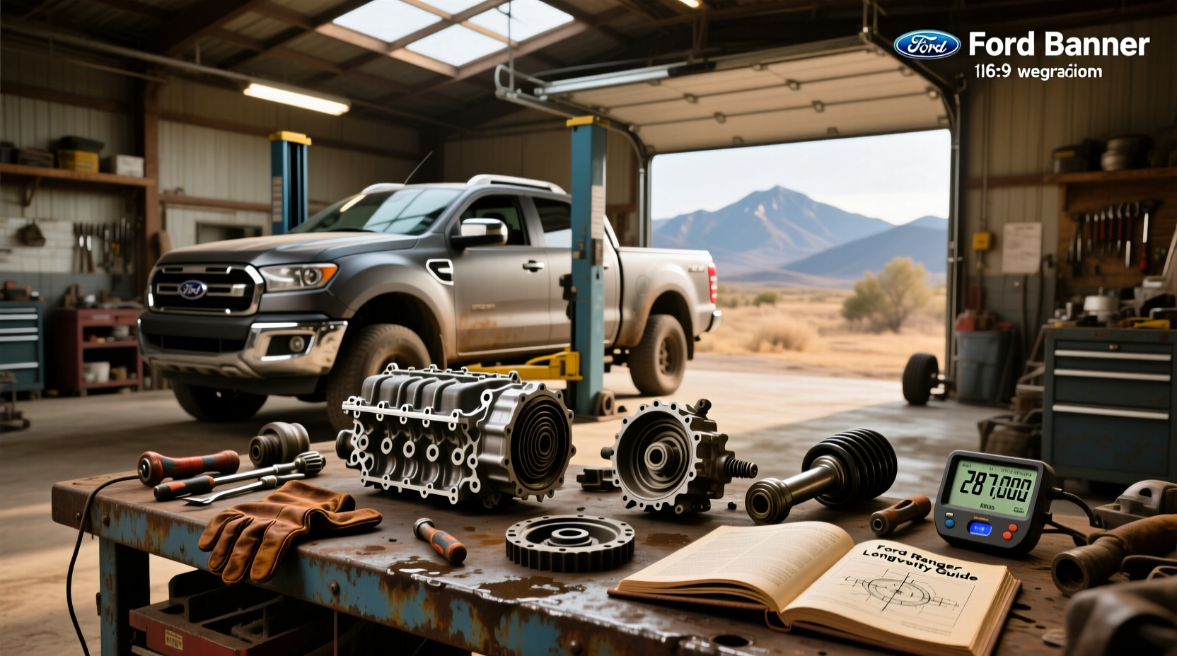Ford Ranger auto parts including alternator, battery, and belts laid out on workbench