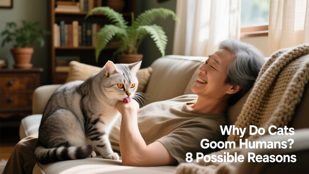 Senior cat calmly grooming a person's wrist while resting beside them on the couch