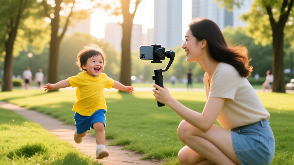 A mother recording a stabilized video of her toddler running in a park using a smartphone attached to a ShiftCam SnapGrip on a sunny day