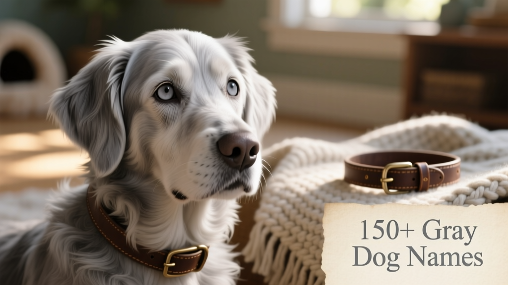 A close-up portrait of a gentle senior dog with soft gray fur and striking pale gray eyes