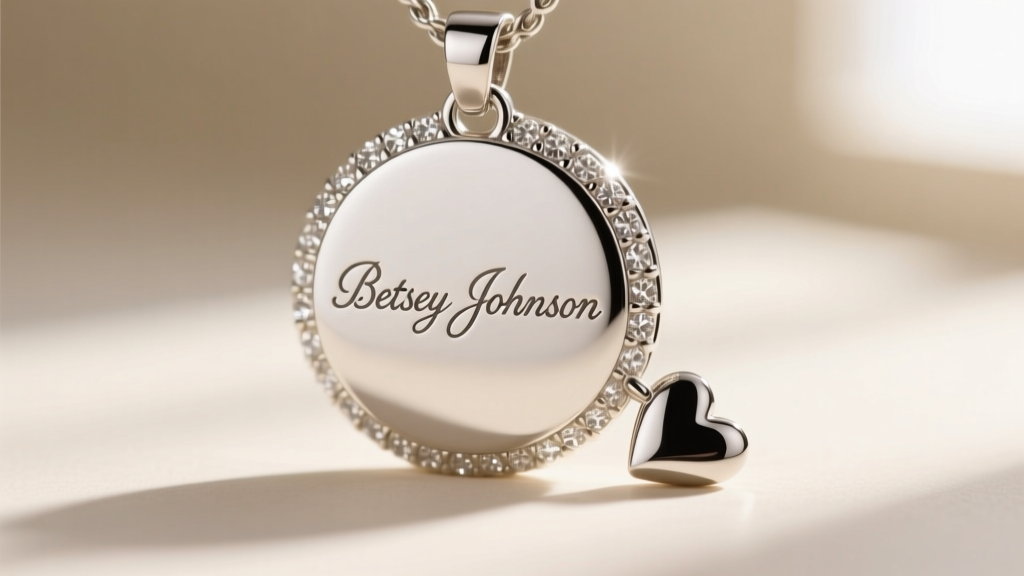 Macro photo of a silver-tone pendant back, clearly showing the engraved Betsey Johnson hallmark and a small metal heart charm.