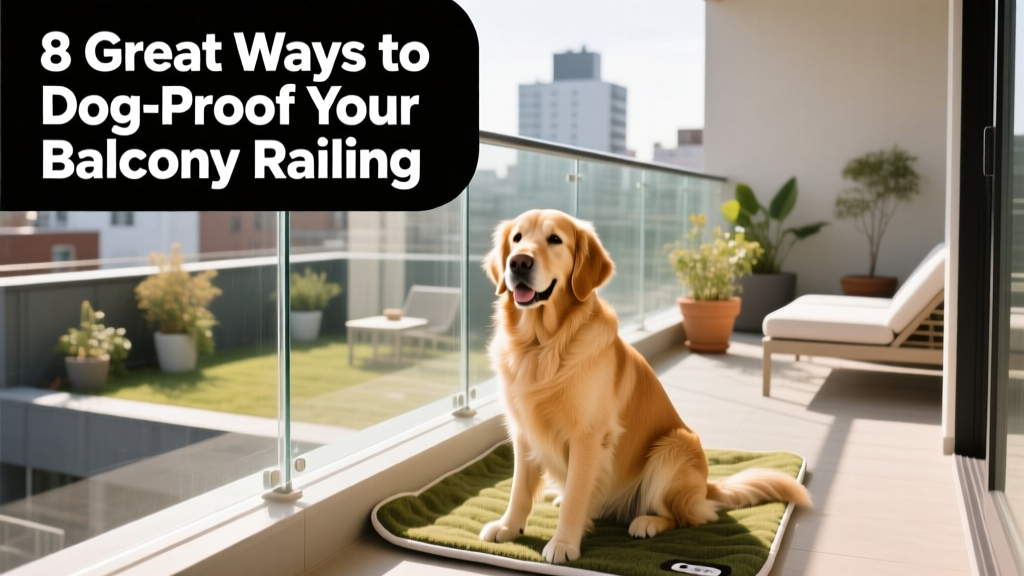 Happy dog sitting calmly on a dog-proofed balcony with clear acrylic railing extensions
