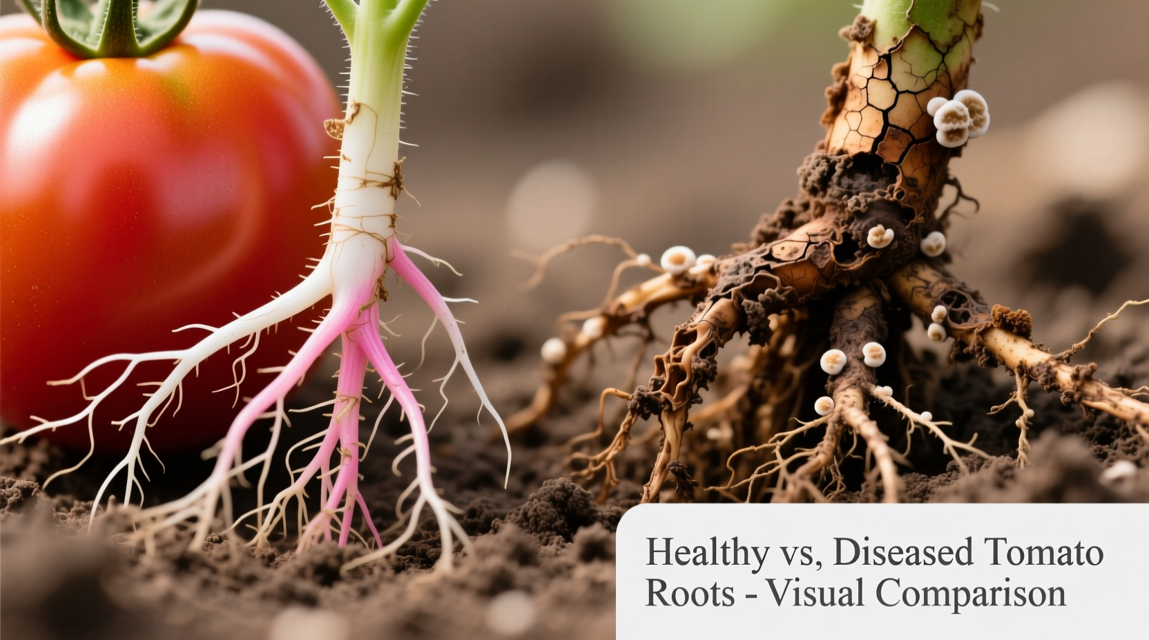 Close-up of healthy tomato roots versus diseased roots showing brown discoloration