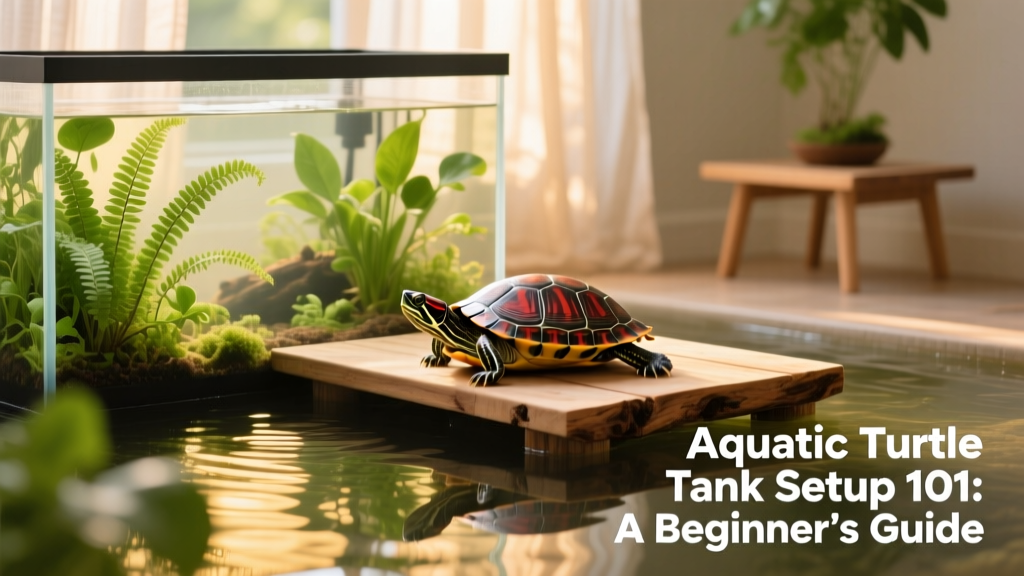 A clean, well-lit aquatic turtle tank with basking platform, water, and plants