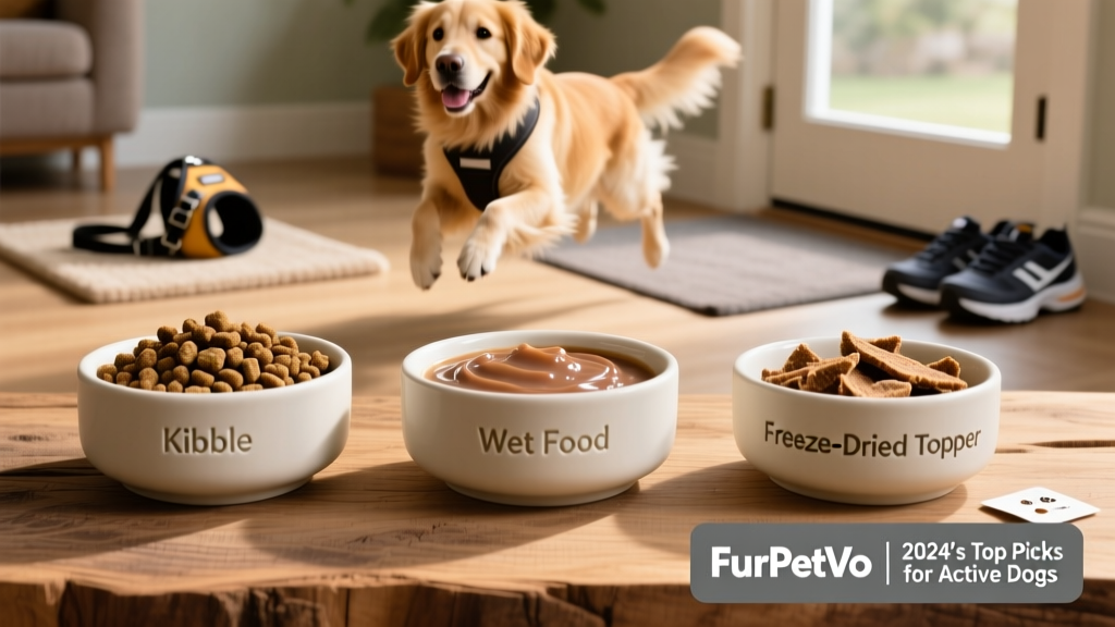 Side-by-side comparison of FurPetVo kibble, wet food, and freeze-dried topper in clean, labeled bowls