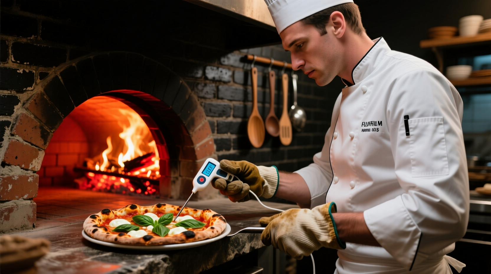 Professional chef checking pizza temperature in wood-fired oven