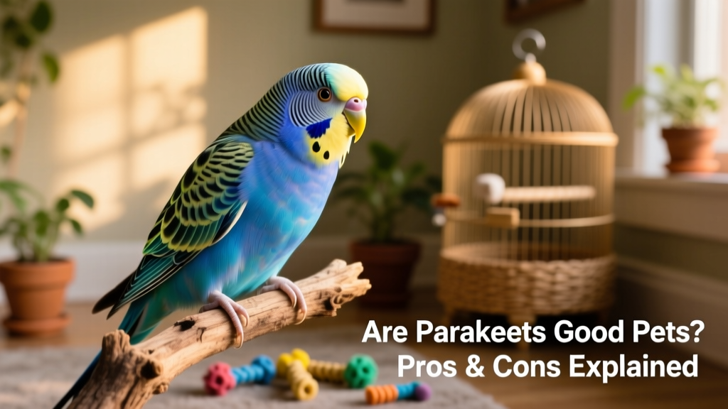 A vibrant blue parakeet perched confidently on a natural wooden branch, head tilted curiously