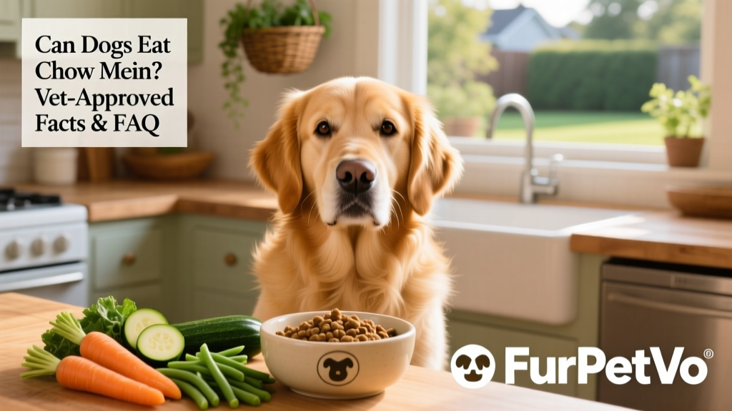FurPetVo logo alongside a friendly golden retriever sitting beside a bowl of vet-approved dog food and fresh vegetables