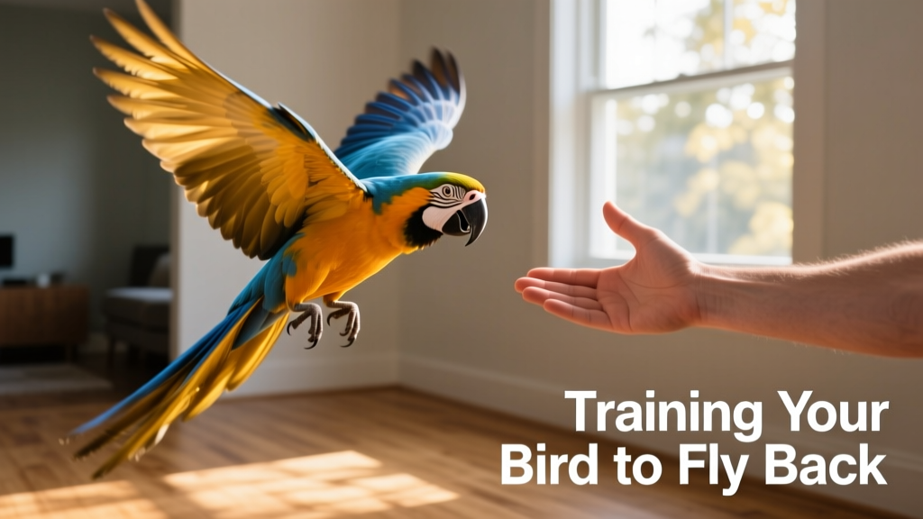 A hand-held cue gesture (open palm held horizontally) with a blue-and-gold macaw mid-approach, wings slightly spread, flying toward the hand