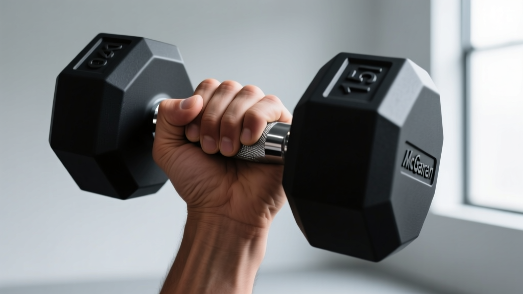 Close-up of a lifter hand gripping the 15-degree angled ergonomic handle of a black polyurethane McGregor dumbbell during a chest press