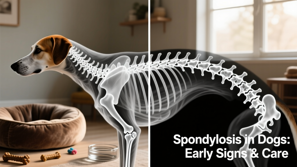 Side-view X-ray of a dog's spine showing smooth vertebral alignment versus another image highlighting bony spurs bridging adjacent vertebrae