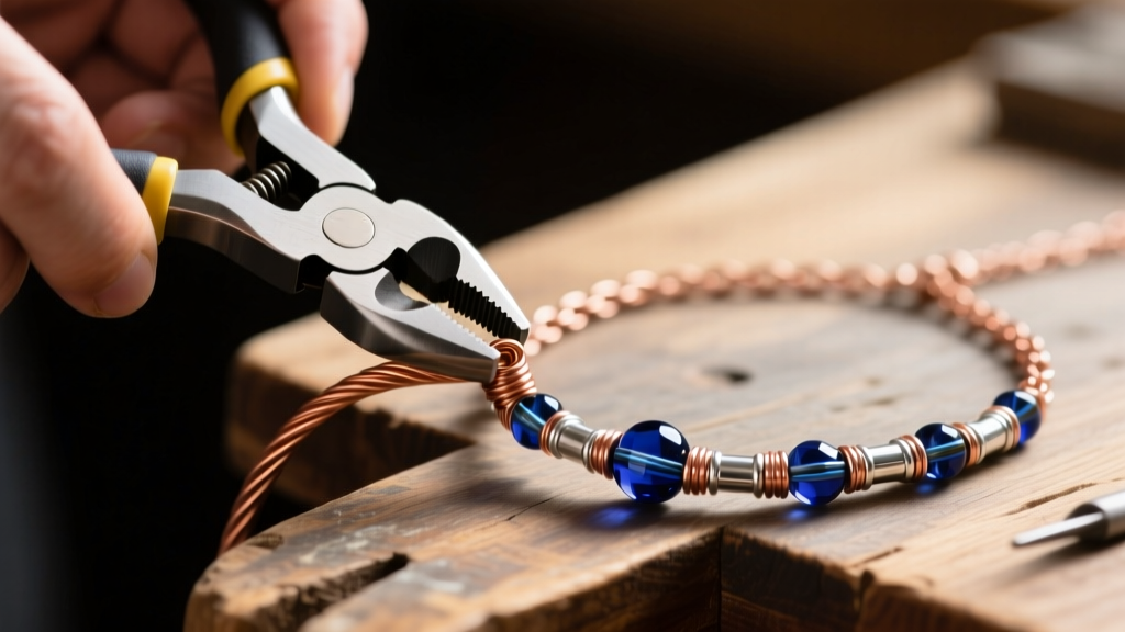Crimping pliers securing a nylon-coated wire on a copper necklace with beads and silver crimp tubes on a wooden jeweler bench