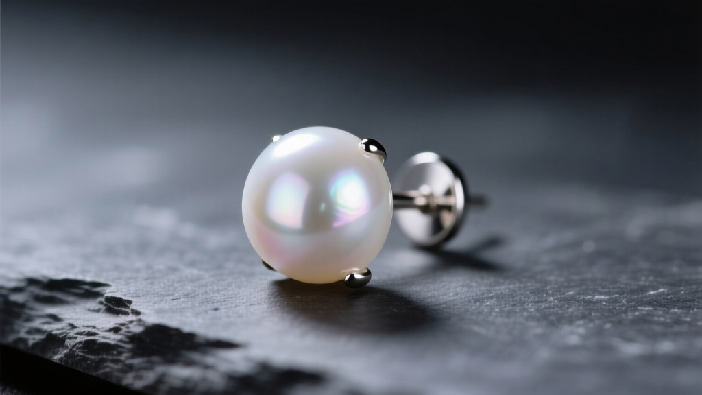 Macro shot of a 14mm white South Sea big pearl earrings stud on dark slate, showing deep luster and soft studio lighting.