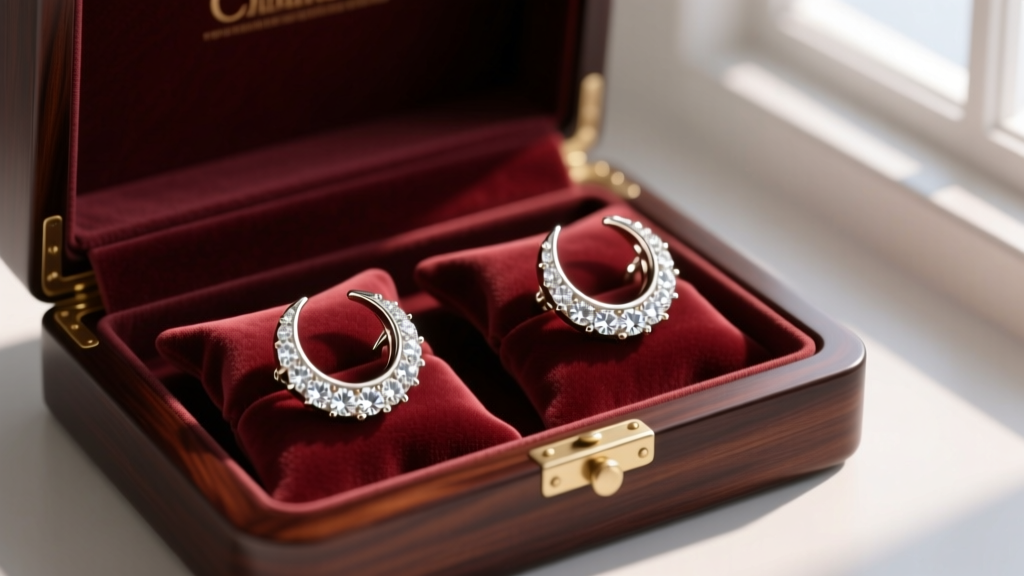 Diamond-encrusted white gold half-moon earrings stored in individual soft velvet pouches inside a dark mahogany jewelry box.