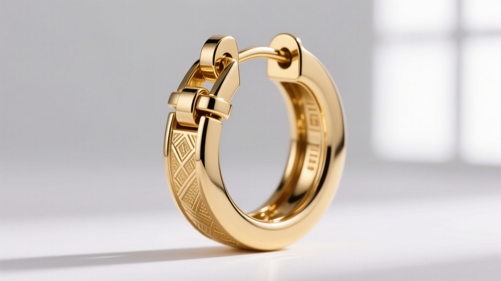 Extreme close-up of a hinged snap clasp mechanism on an 18k gold medium hoop earring, showing the interlocking latch detail.