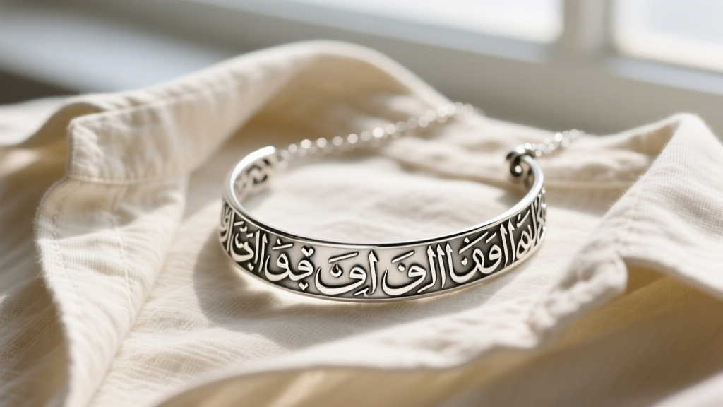Close-up of a sterling silver Rumi necklace featuring intricate Arabic calligraphy resting gently on a soft cream linen shirt