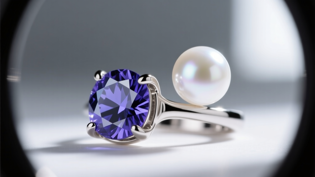 Loupe view of platinum earring setting showing precise clearance between a faceted tanzanite and a half-drilled South Sea pearl.