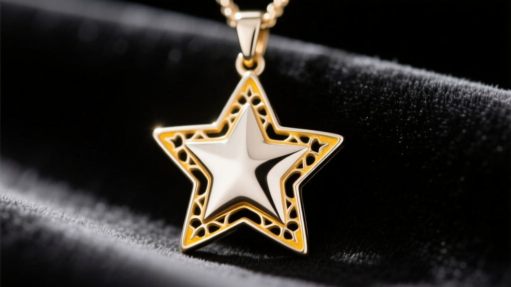 Close-up of a tarnished 14k white gold star pendant showing yellowish undertones on the edges against a dark velvet backdrop.